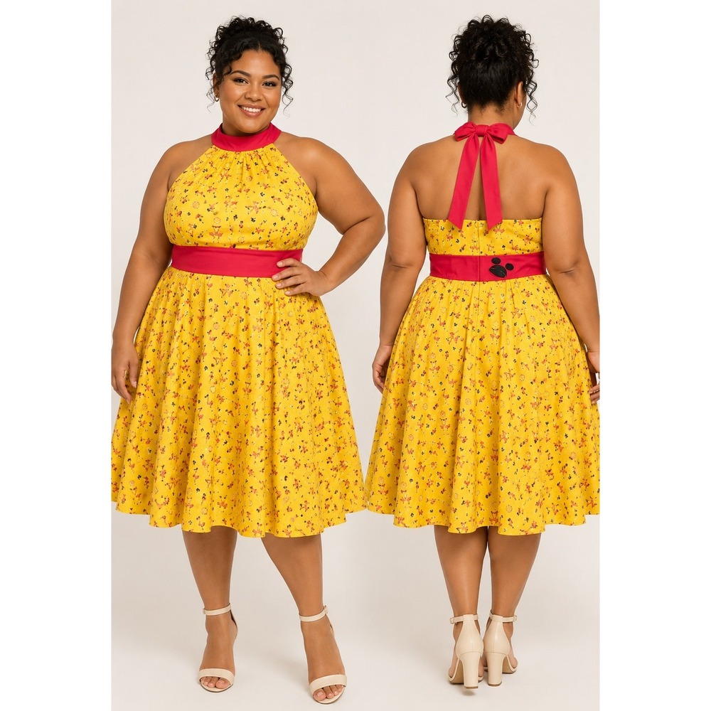 Disney Parks The Dress Shop Flamingo Mickey Mouse Halter Dress Yellow Pink 3X